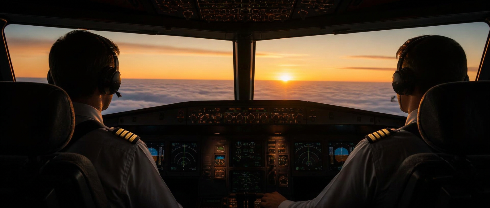 Two airline pilots in a cockpit at dawn above the clouds